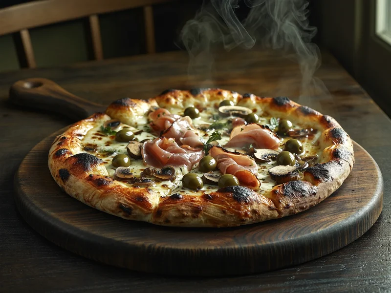 Pizza jambon, champignons et olives découpée sur une planche en bois