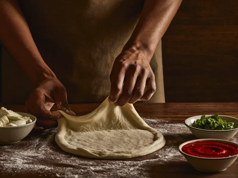 Mains étalant la pâte à pizza près de la sauce tomate et du basilic