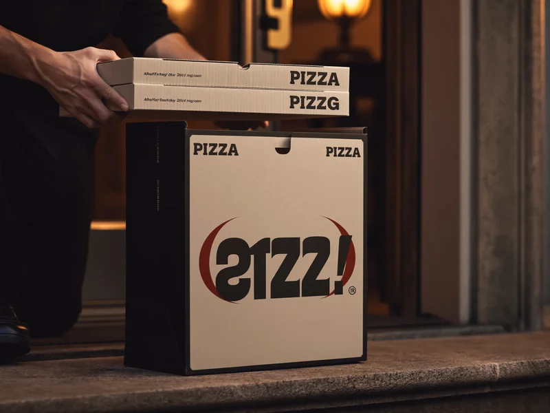 Boîtes à pizza fermées dans un sac isotherme, remises sur un seuil au crépuscule